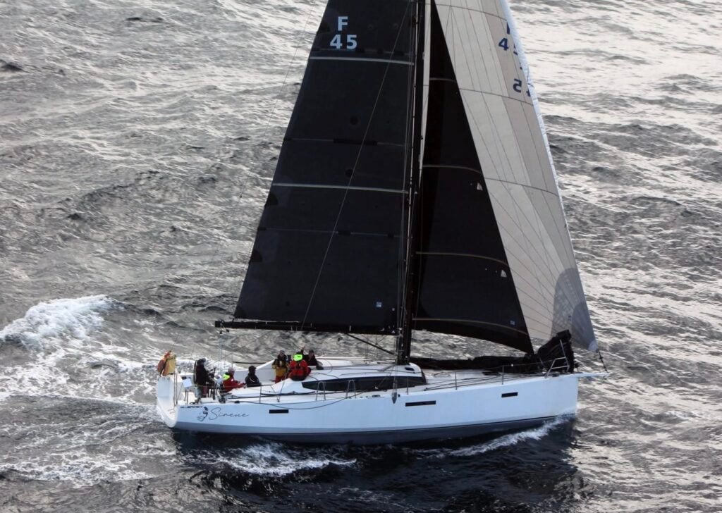 Aerial photo of JPK 45 Sirene on the delivery home from the 2026 Albany race. Photo © Elizabeth Court & Paul Dunbar.